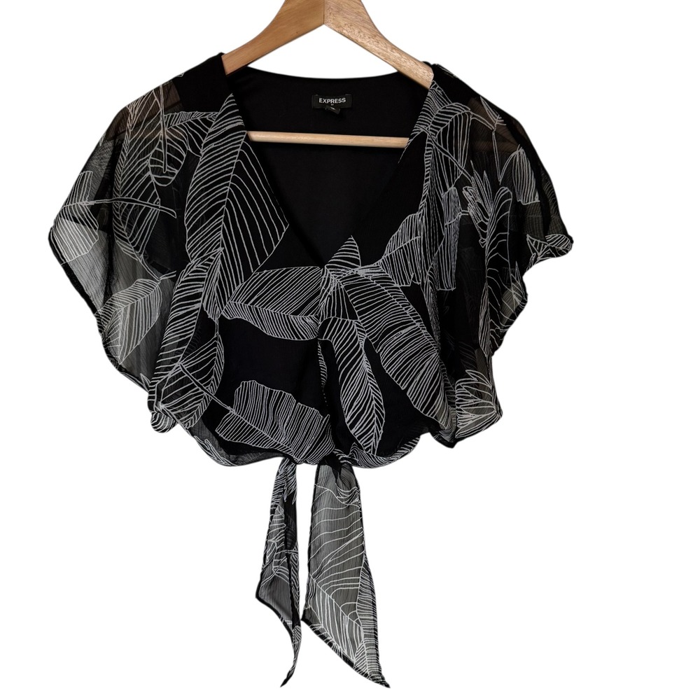 EXPRESS Black White Tropical Leaf Print Tie Front Flutter Sleeve Crop Top XS